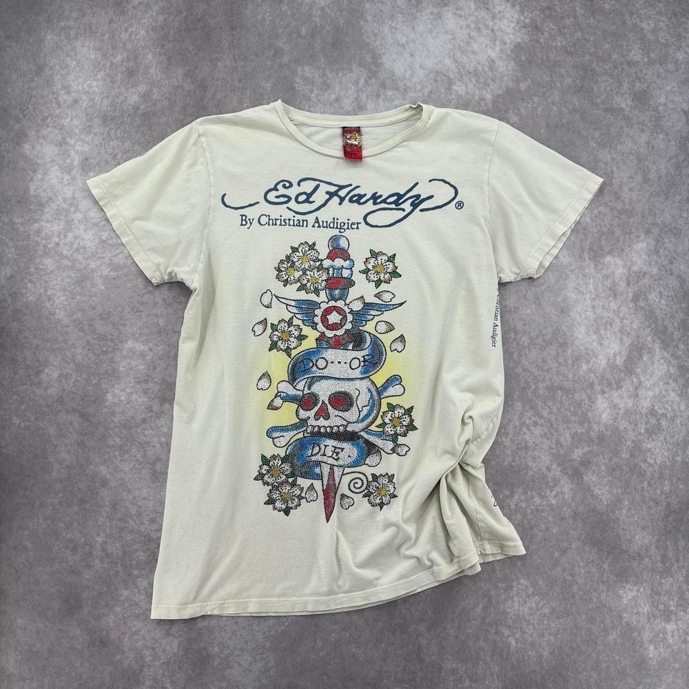 Vintage Y2K Ed Hardy Rhinestone Skull Graphic Tee Size L